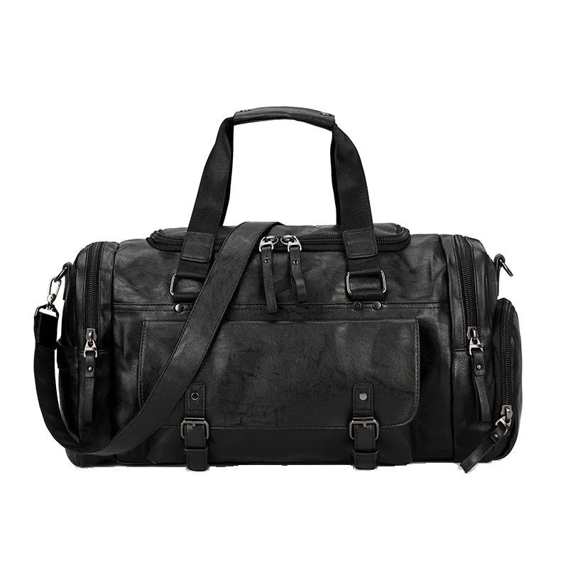 Black PU fabric travel bag with shoe storage compartments showing interior organisation