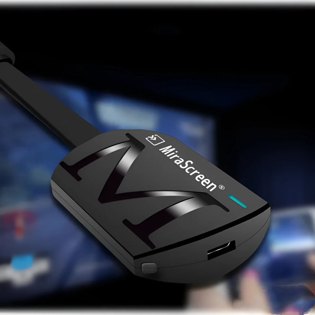 Black smartphone screen mirroring dongle with USB and HDMI connectors for 1080p display output