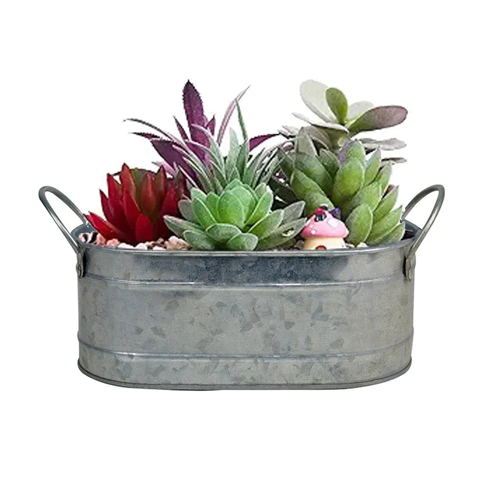 Galvanised iron succulent flowerpot with rustic finish on a wooden desk.