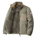 Men's solid colour fleece cardigan jacket with zipper pockets in grey, showing full-zip front and collar