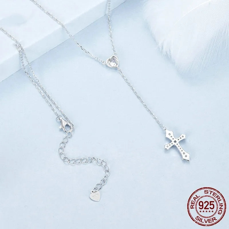 Sterling silver cross necklace with V-neck pendant on O-ring chain
