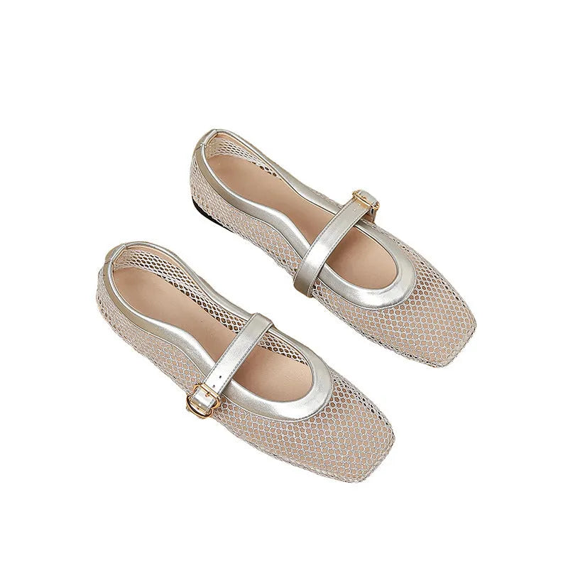Women's beige mesh buckle pumps with a square toe and flat sole on a white background.