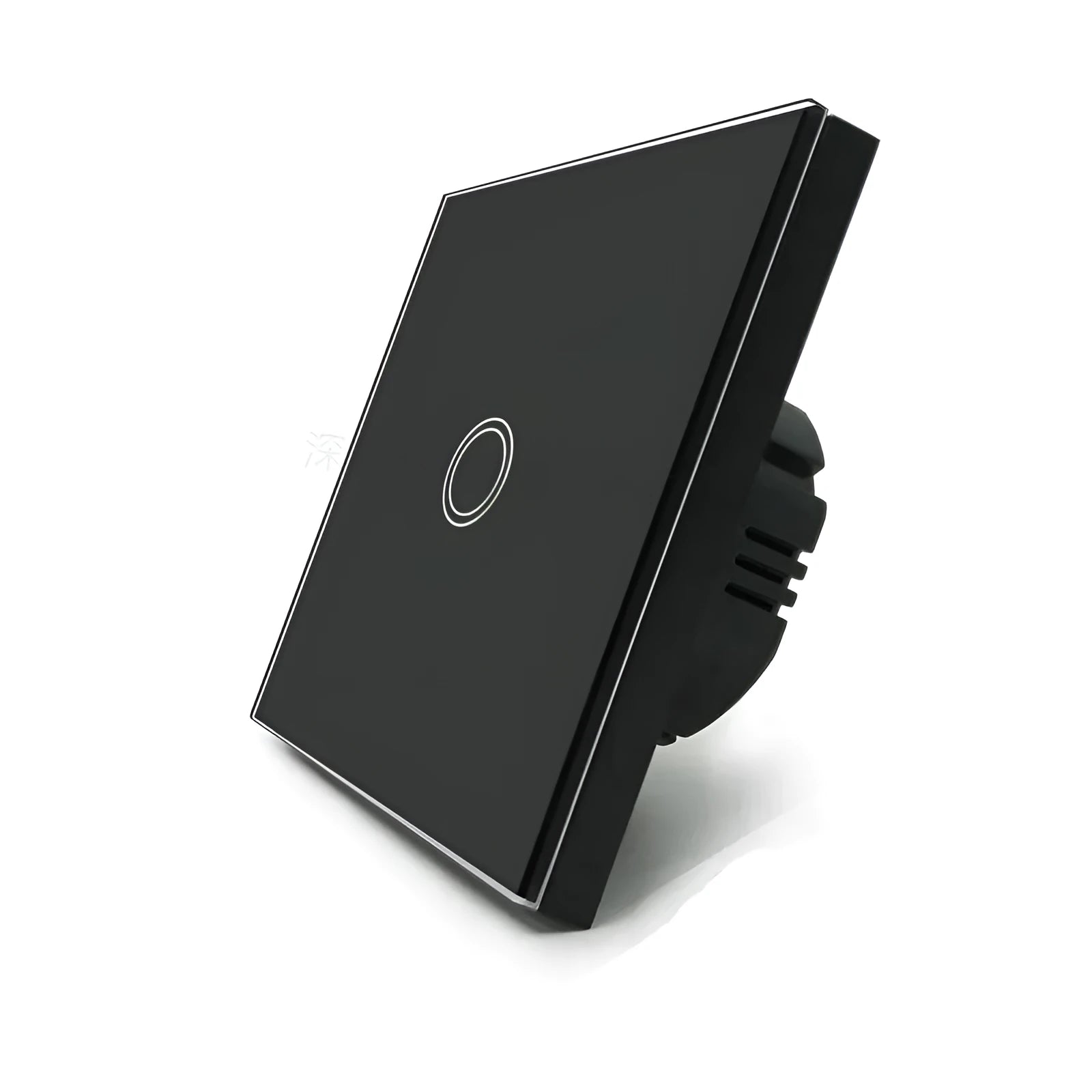 Tempered glass touch light switch panel in black, golden, or white, showing type 86 format for wall mounting.