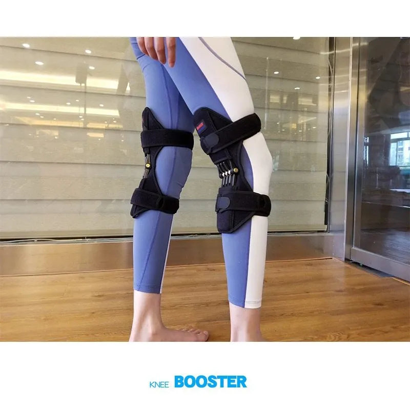 Spring knee brace with adjustable straps and breathable fabric for sports and climbing activities