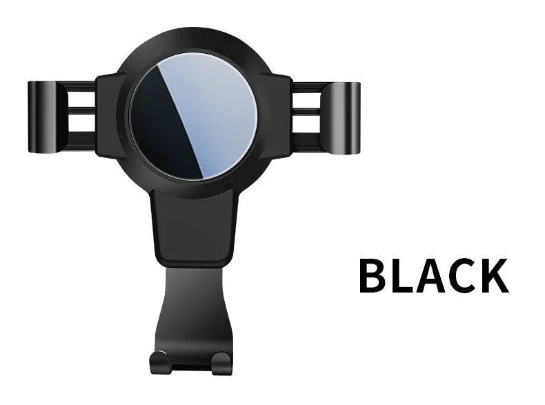 Black S4 gravity mirror car phone bracket mounted on a car air vent, holding a smartphone.