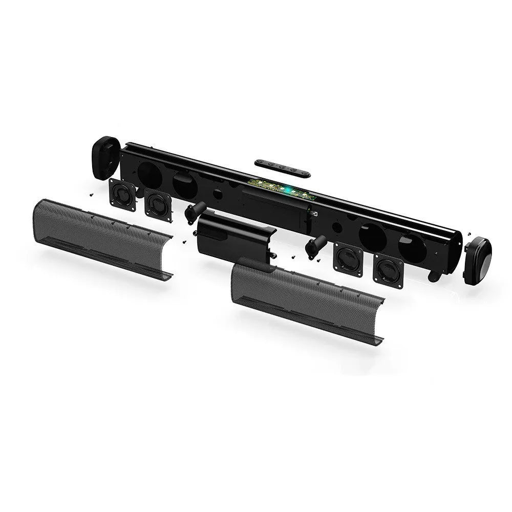 High-power Bluetooth soundbar speaker in black with PVC+ABS shell, 4x5W output, TF card slot and USB port