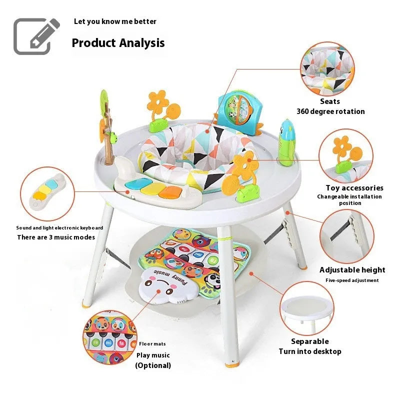 Baby jumping chair with bouncing function, gymnastics rack, and interactive toys in duck or lion design