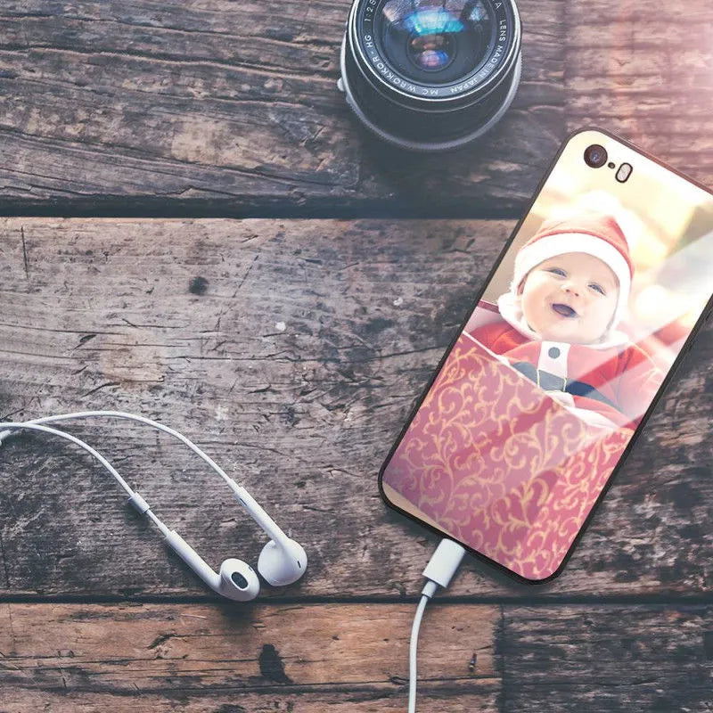 Custom patterned thin iPhone case with a raised edge around the screen and camera on an iPhone.