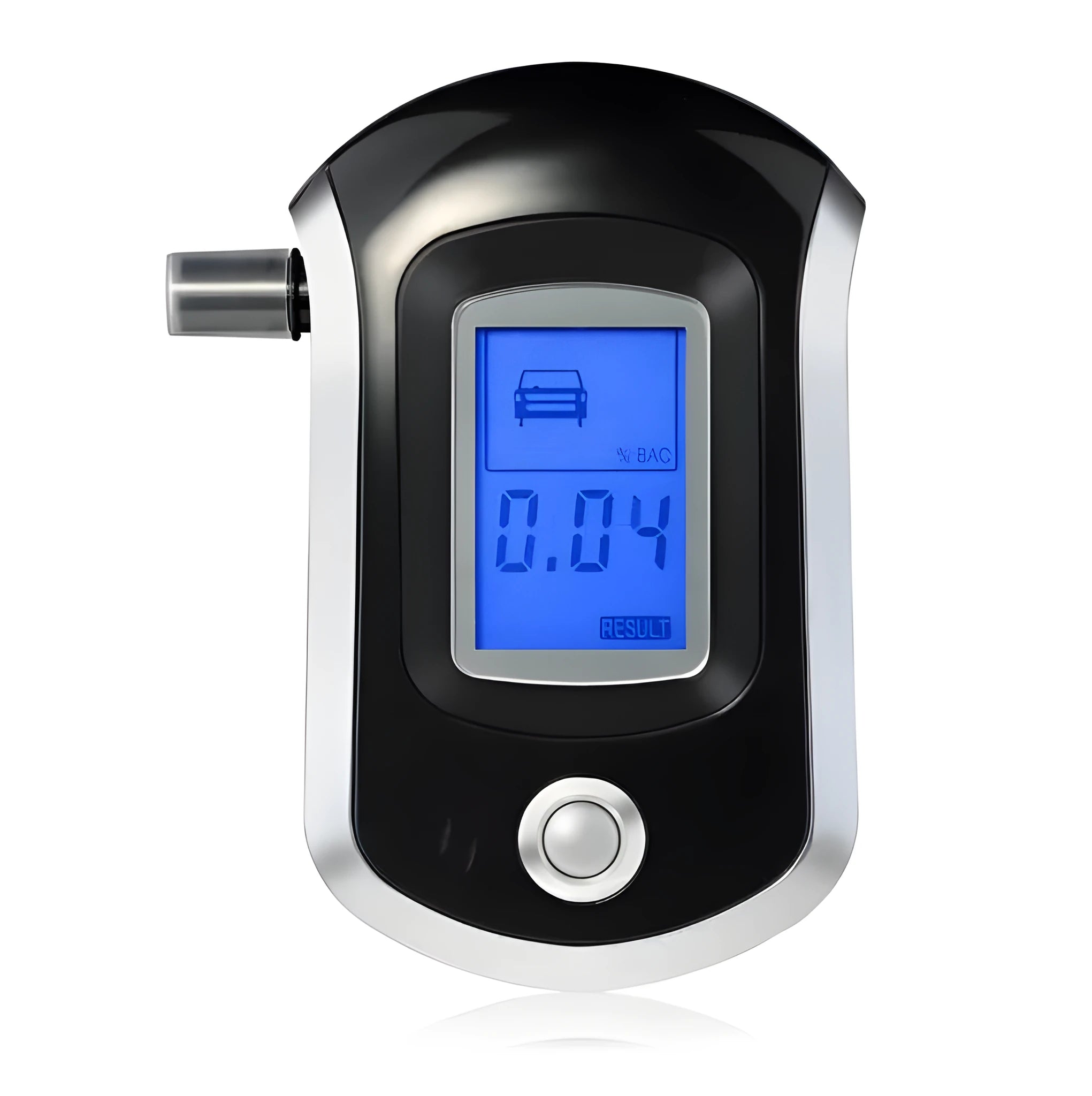 Black handheld alcohol breath tester with digital LCD screen and disposable mouthpiece