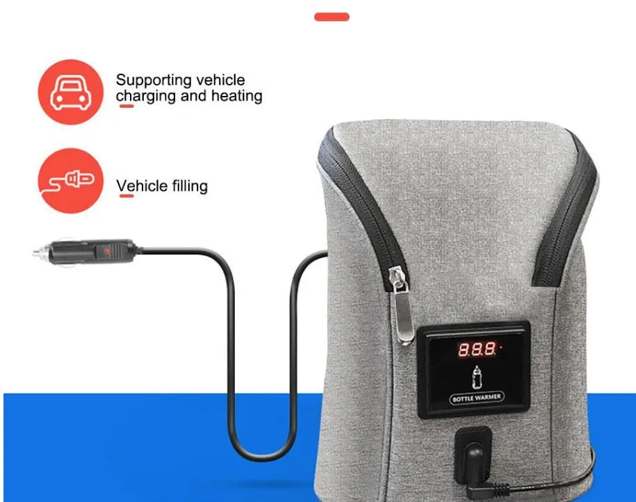 Grey Oxford cloth portable car USB baby bottle warmer with electronic display and buckle strap