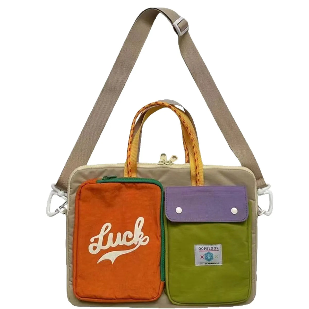 Japanese dopamine colour matching crossbody bag with grey contrast colour, waterproof nylon, and shoulder strap