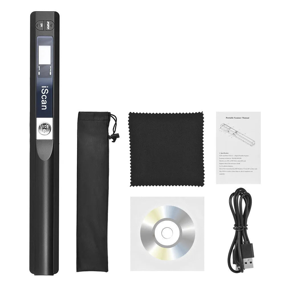 A handheld USB document scanner in a choice of five colours: black, blue, green, red, and silver.