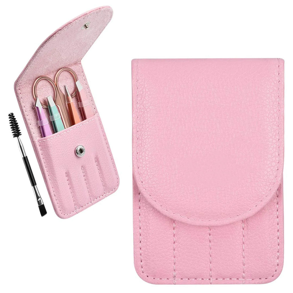 6-piece professional eyebrow tweezer set with stainless steel tools and leather case