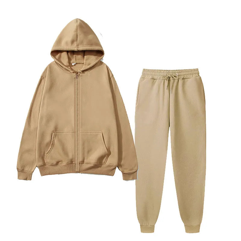 Men's solid colour sports fleece suit with long sleeve jacket and jogger pants in grey