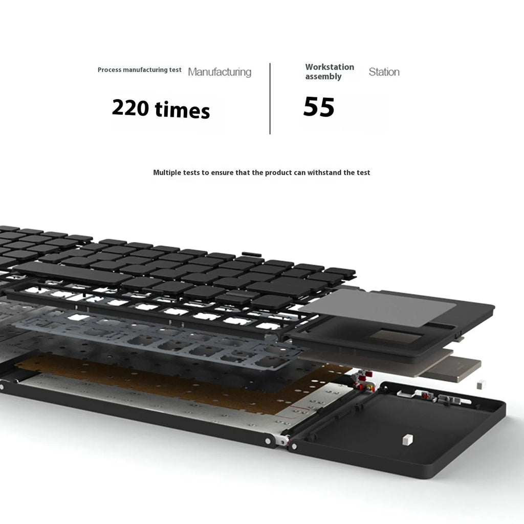 Black mini tri-fold Bluetooth keyboard shown open and folded, highlighting its thin 0.8cm profile.