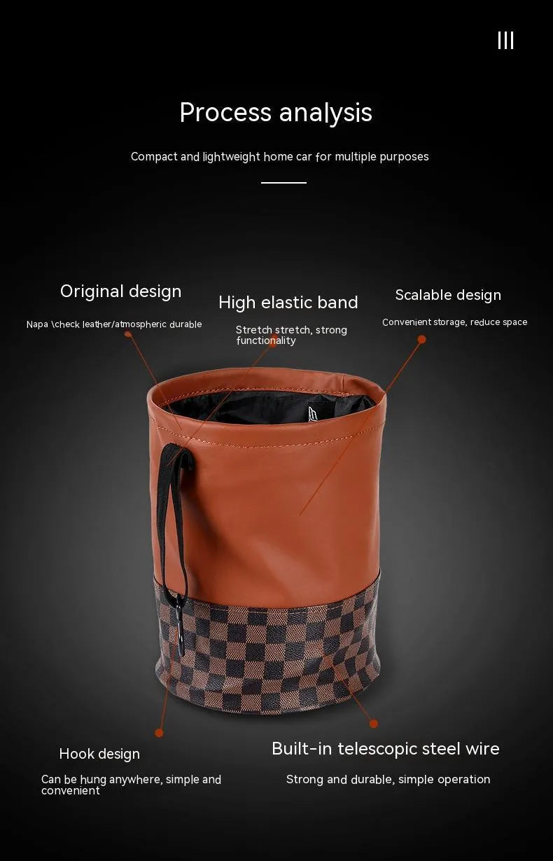 Leather retractable car trash can shown folded and unfolded, with waterproof construction and carrying handle
