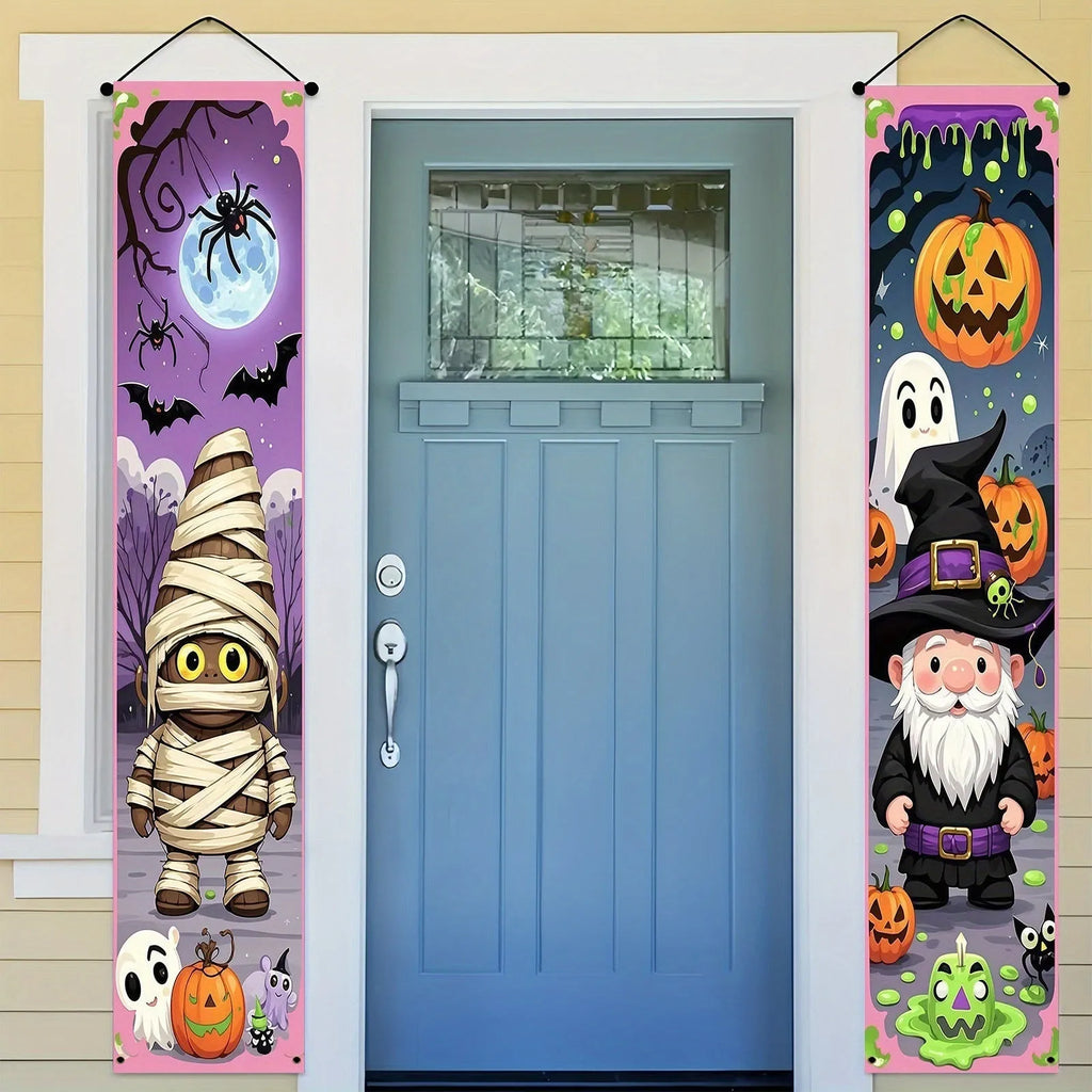 Pair of polyester Halloween couplet hanging flags, each 30x180cm, printed with traditional design