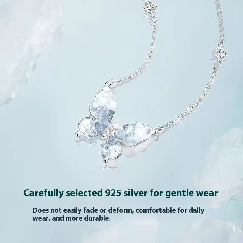 Bingyu butterfly women's necklace with S925 silver chain and electroplated pendant on white background