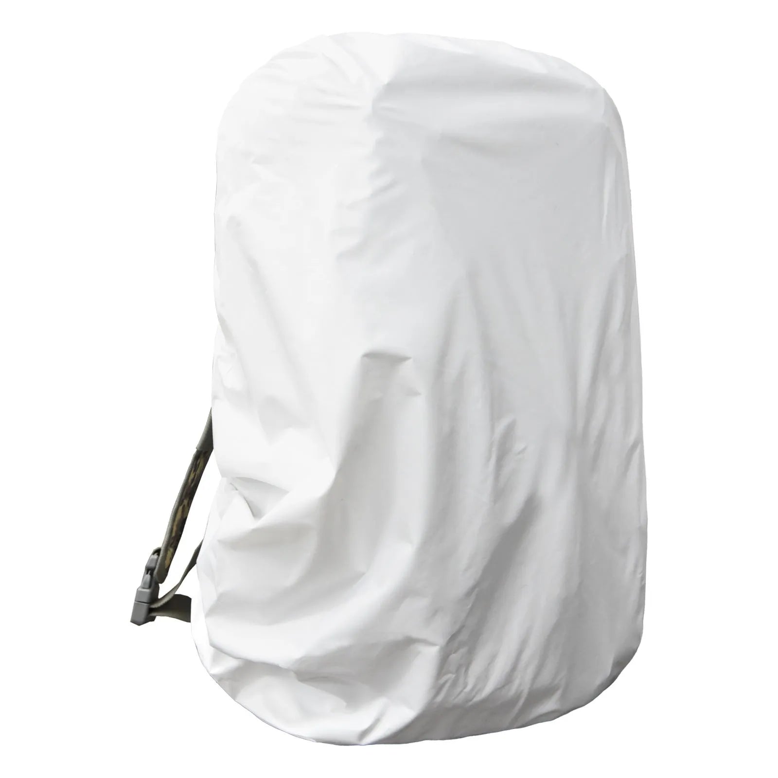 Army green waterproof rain cover for a large 80 litre backpack on a hiking trail.