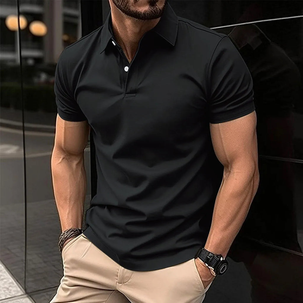 Men's solid colour short sleeve polo shirt with button lapel in cotton mix fabric for summer wear