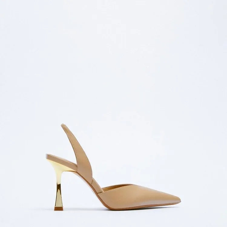 Women's patent leather pointed high heels in apricot colour with shallow open mouth design