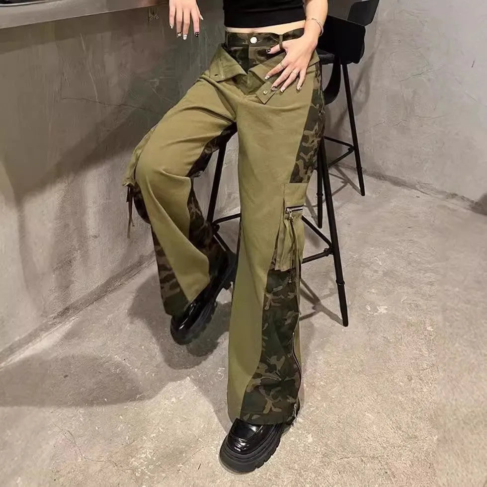 Dark khaki leopard print high waist jeans with fake two stitching detail and straight leg cut