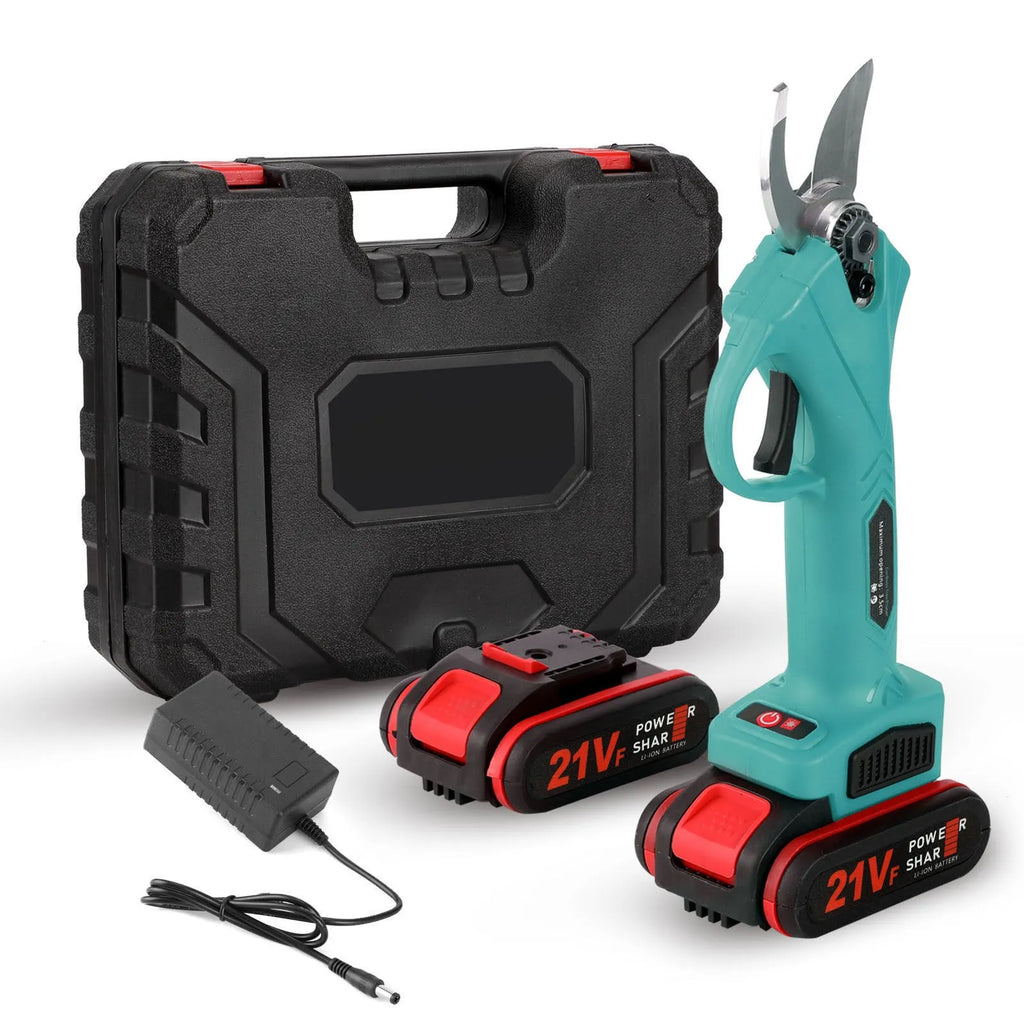 21V rechargeable garden pruning shear with black plastic body, steel blade, and two batteries in plastic box