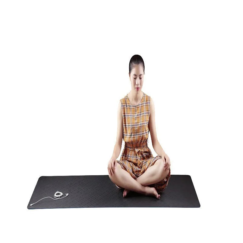 Blue conductive yoga mat with floral pattern, showing grounding wire and non-slip texture, dimensions 182x61cm.
