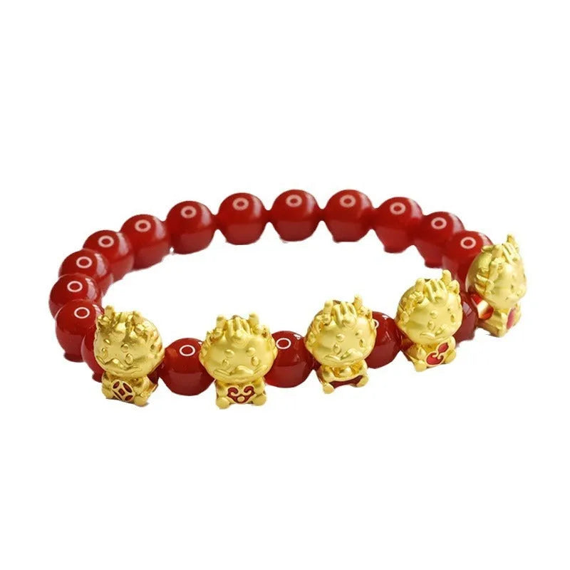 Natural red agate bracelet with Five Blessing Dragon carving, 8mm beads, Chinese style