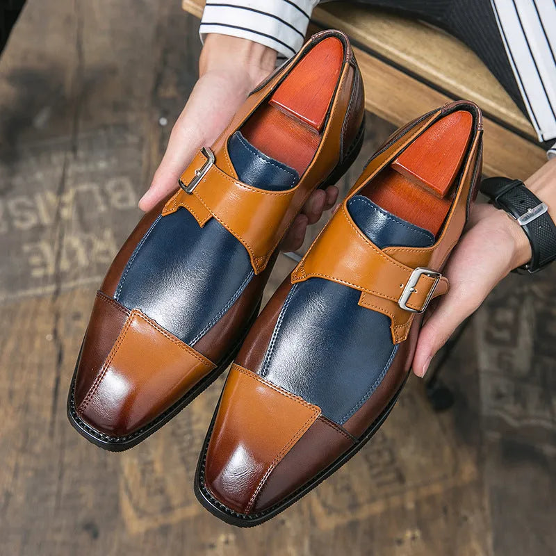 Men's British retro buckle casual shoes in black and brown blue colours with tall crown upper