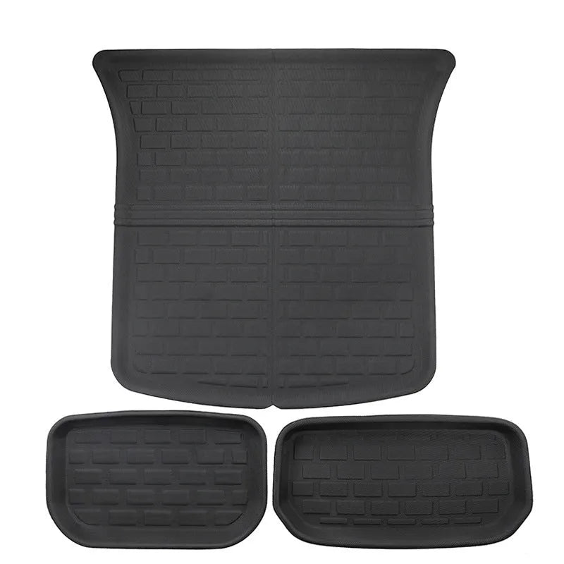 Set of TPR car floor mats for Tesla Model Y, including tailbox and storage box mats, in black