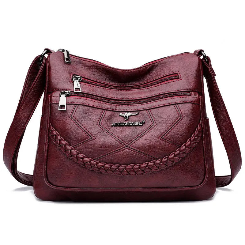 Women's soft leather crossbody shoulder bag in horizontal square design with large capacity