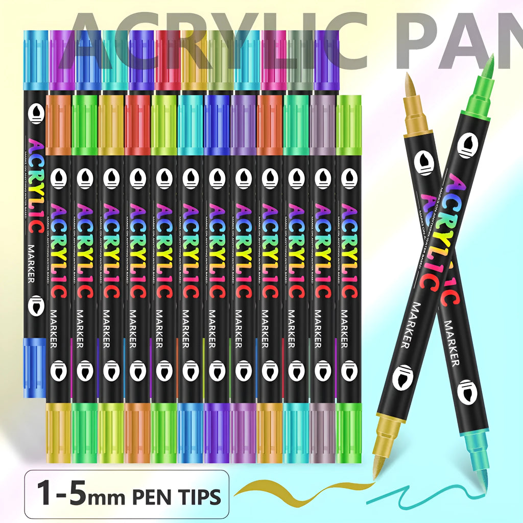 Set of double-headed acrylic marker pens showing broad and fine tips, in assorted opaque colours.