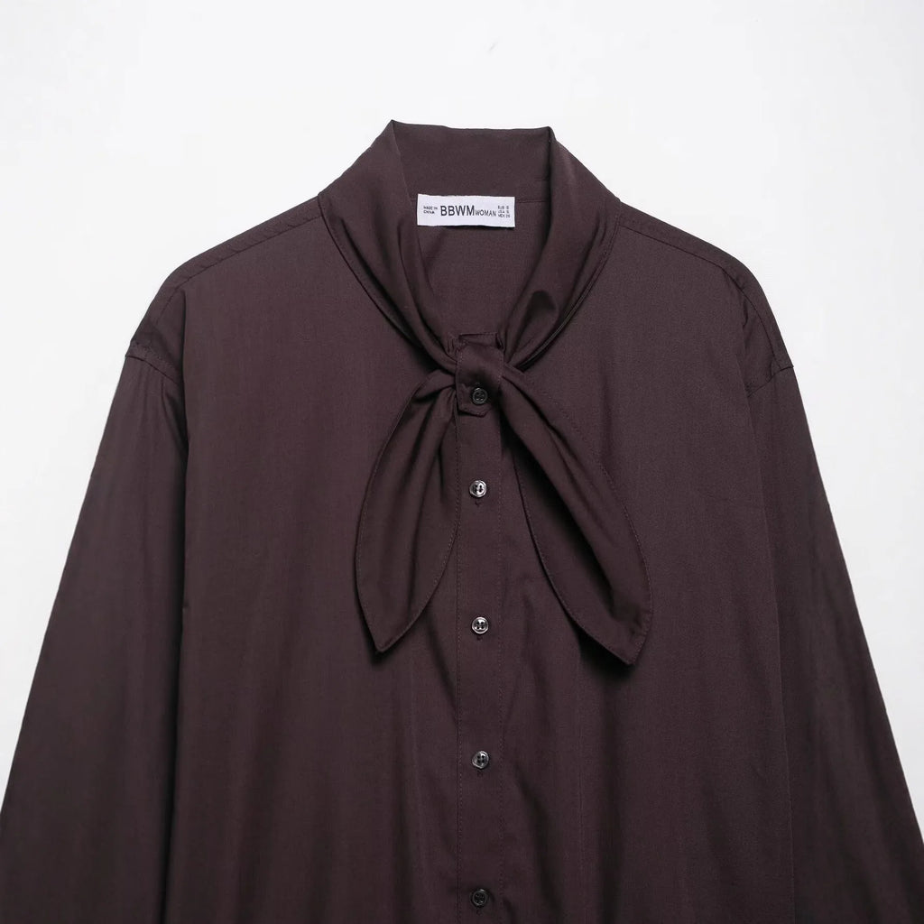 Women's brown solid colour poplin shirt with bow tie and long sleeves, loose fit