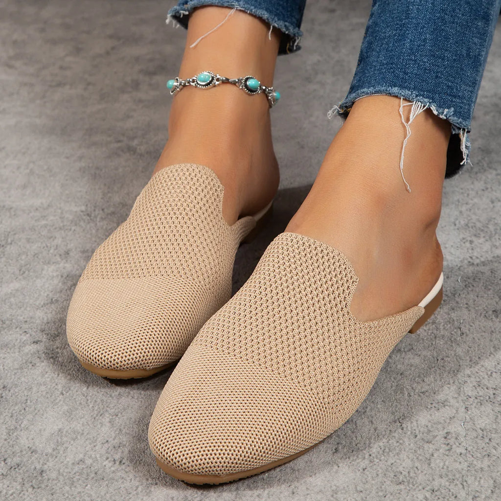 Mesh slip-on flat sandals in apricot, blue, and green colours showing round toe and rubber sole.