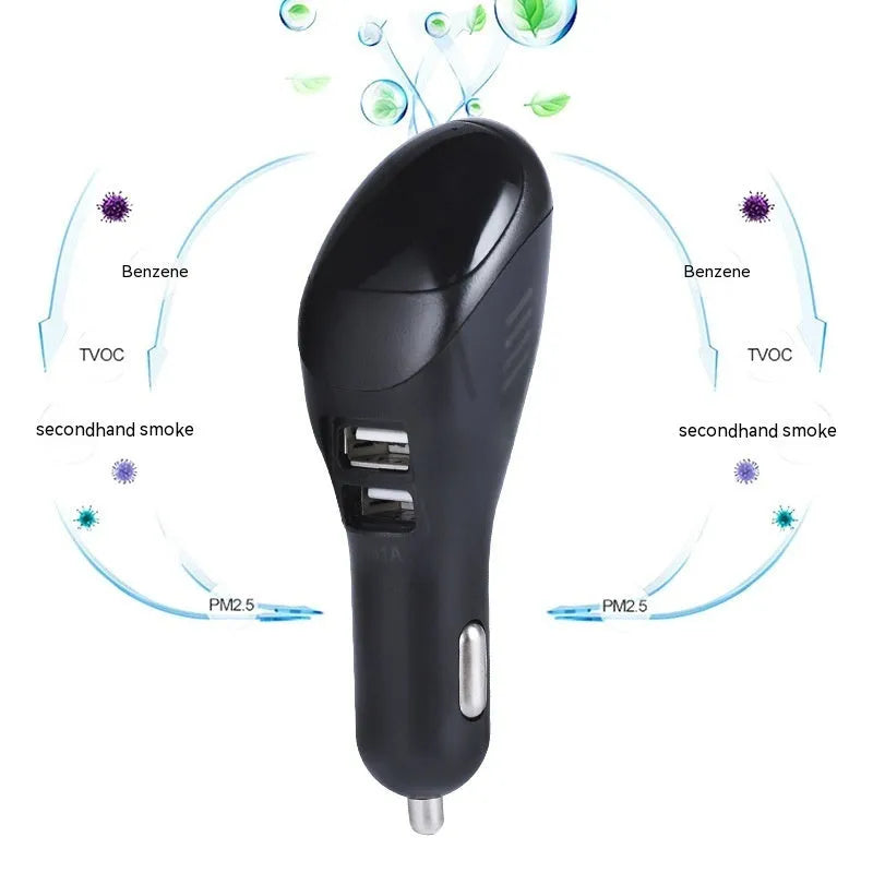 White car USB charger and negative ion air purifier with dimensions 103mm x 33mm x 32mm