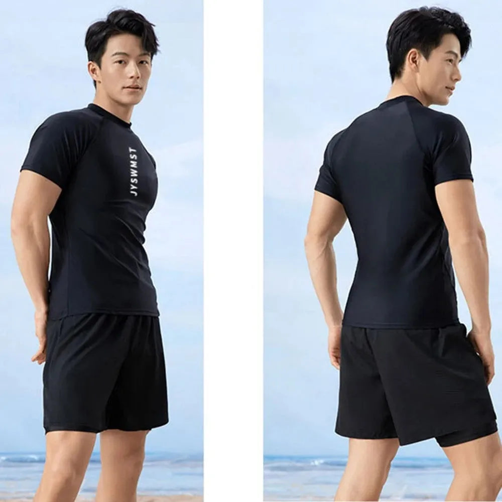 Men's patterned swimsuit set with matching swim trunks in plus sizes