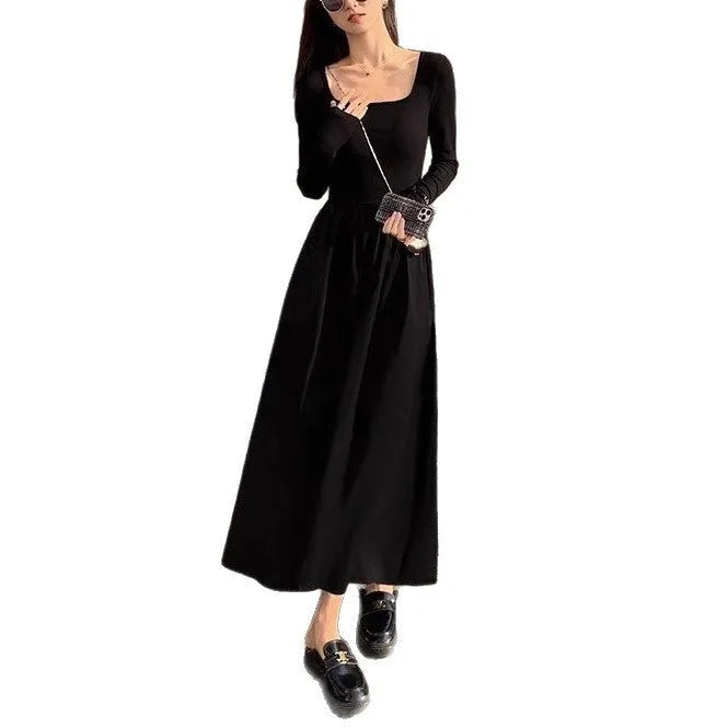 Women's black square collar knitted long sleeve dress with A-line skirt and elastic waist