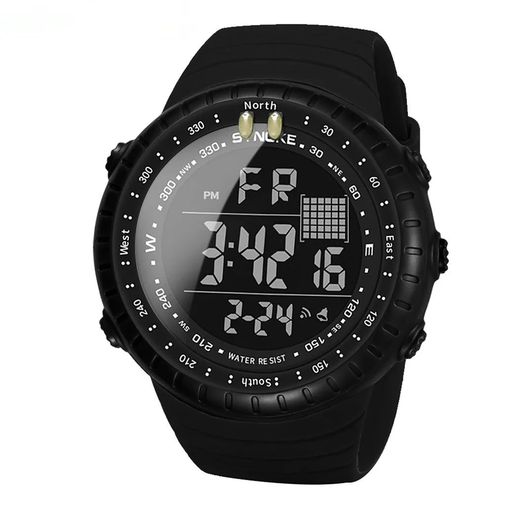Black men's waterproof outdoor electronic watch with 54.74mm plastic case and WR50M rating