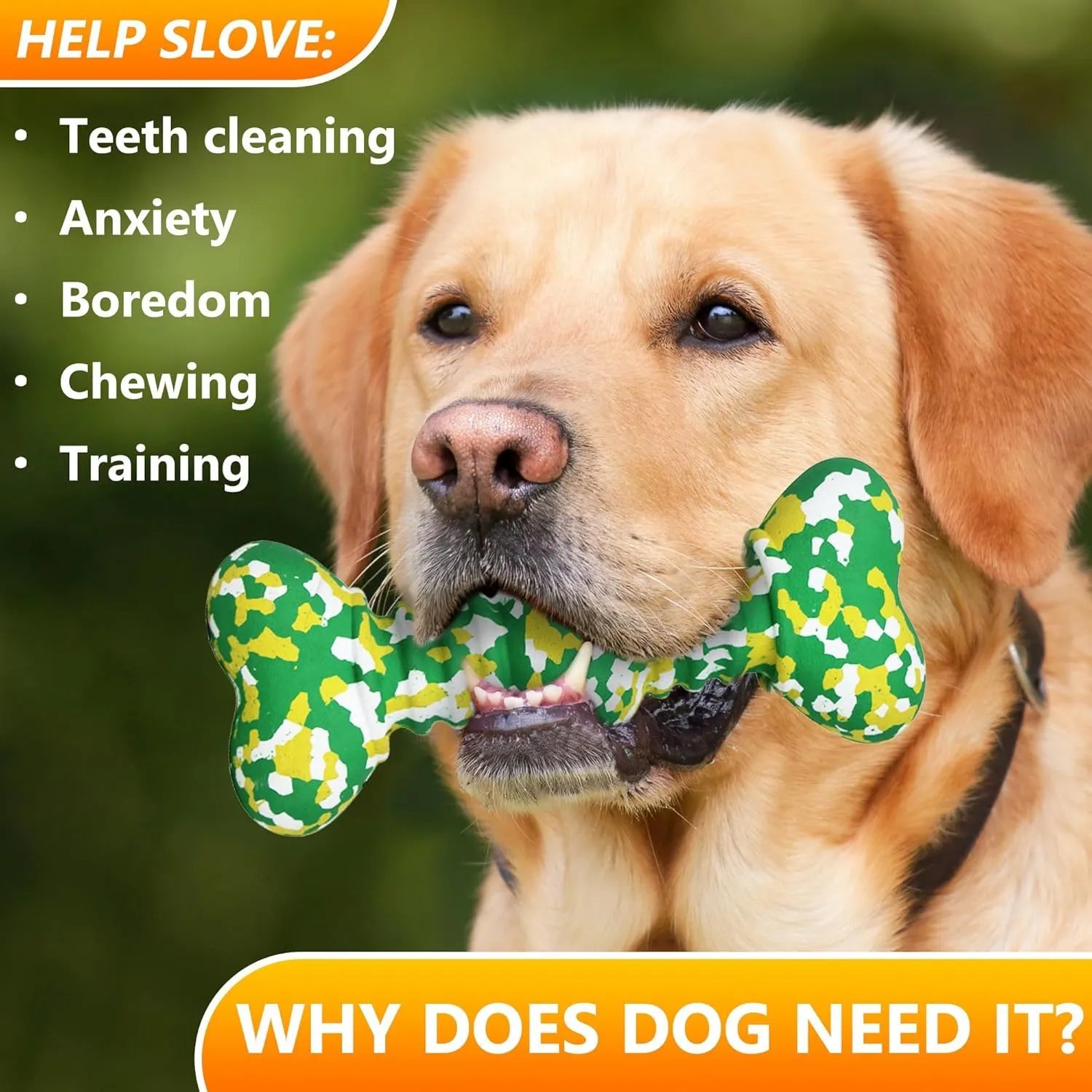 Green, white, and yellow camouflage pattern natural rubber dog chew toy for large breeds.