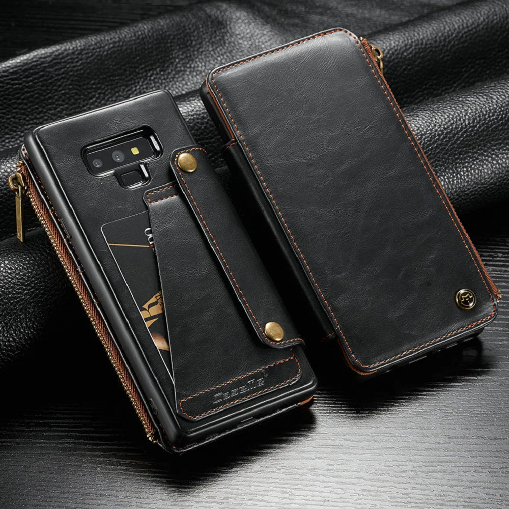 Samsung Galaxy Note9 PU leather flip phone case in black showing closed front cover