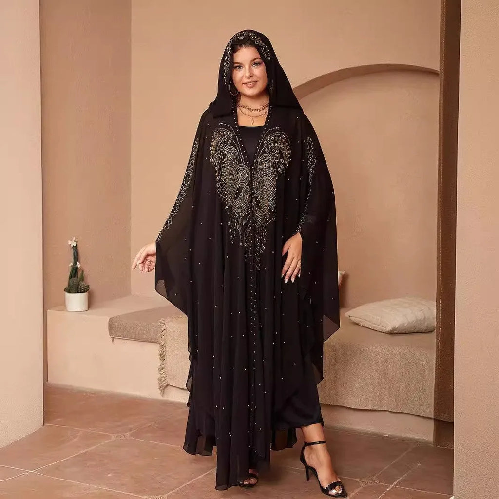 Purple Muslim-style chiffon cape shawl with rhinestone beading detail, showing sheer fabric and 135-175cm length