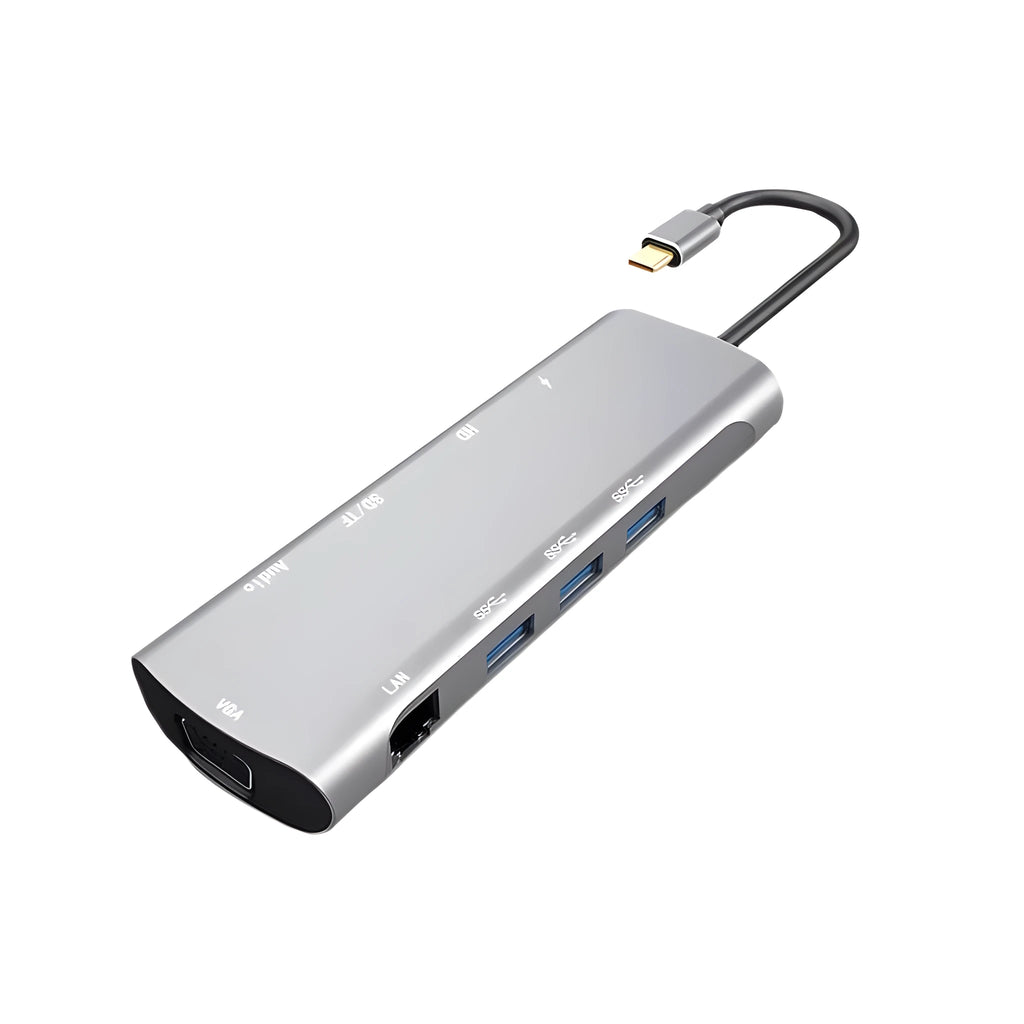 Grey USB-C docking station with aluminium alloy shell showing HDMI, VGA and USB ports