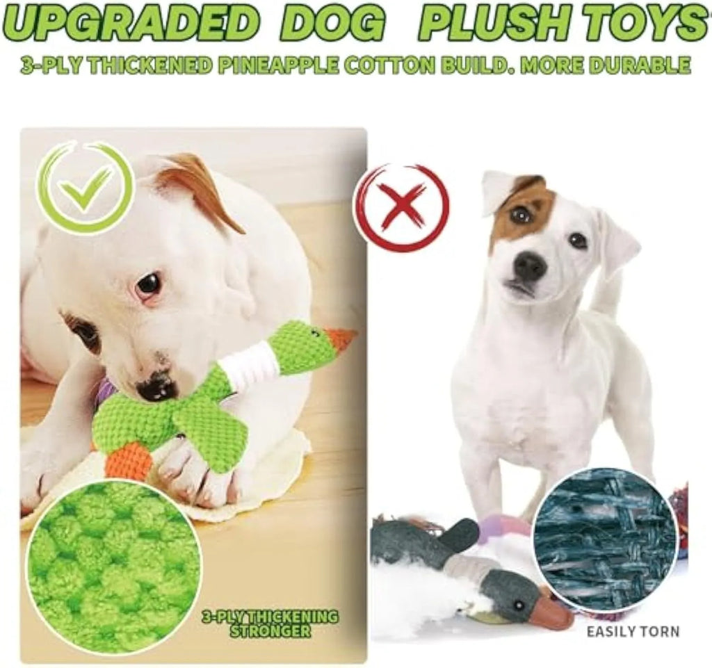 Blue duck-shaped plush dog toy with squeakers measuring 33cm long