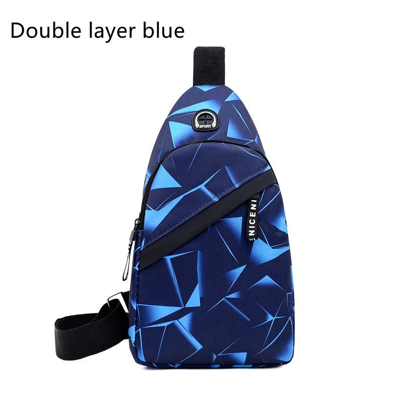 Men's blue Oxford cloth crossbody sling bag with an earphone hole and zipper, shown in a square vertical shape.