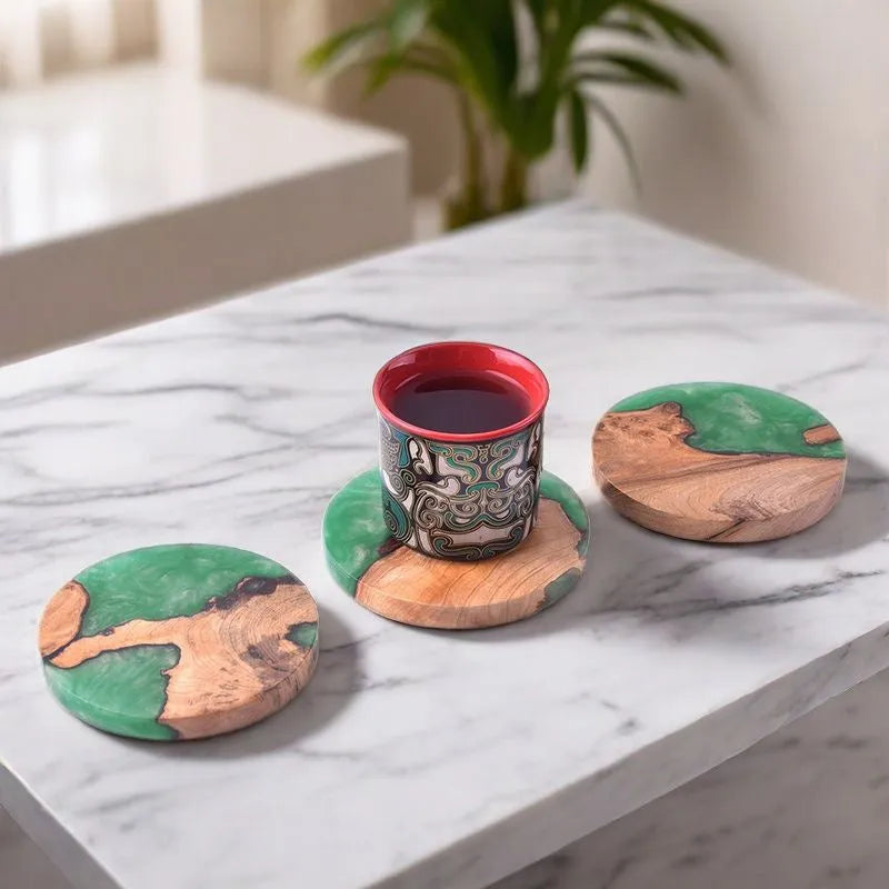 Solid hardwood kung fu tea coaster with heat insulation resin splicing in round tumour green colour