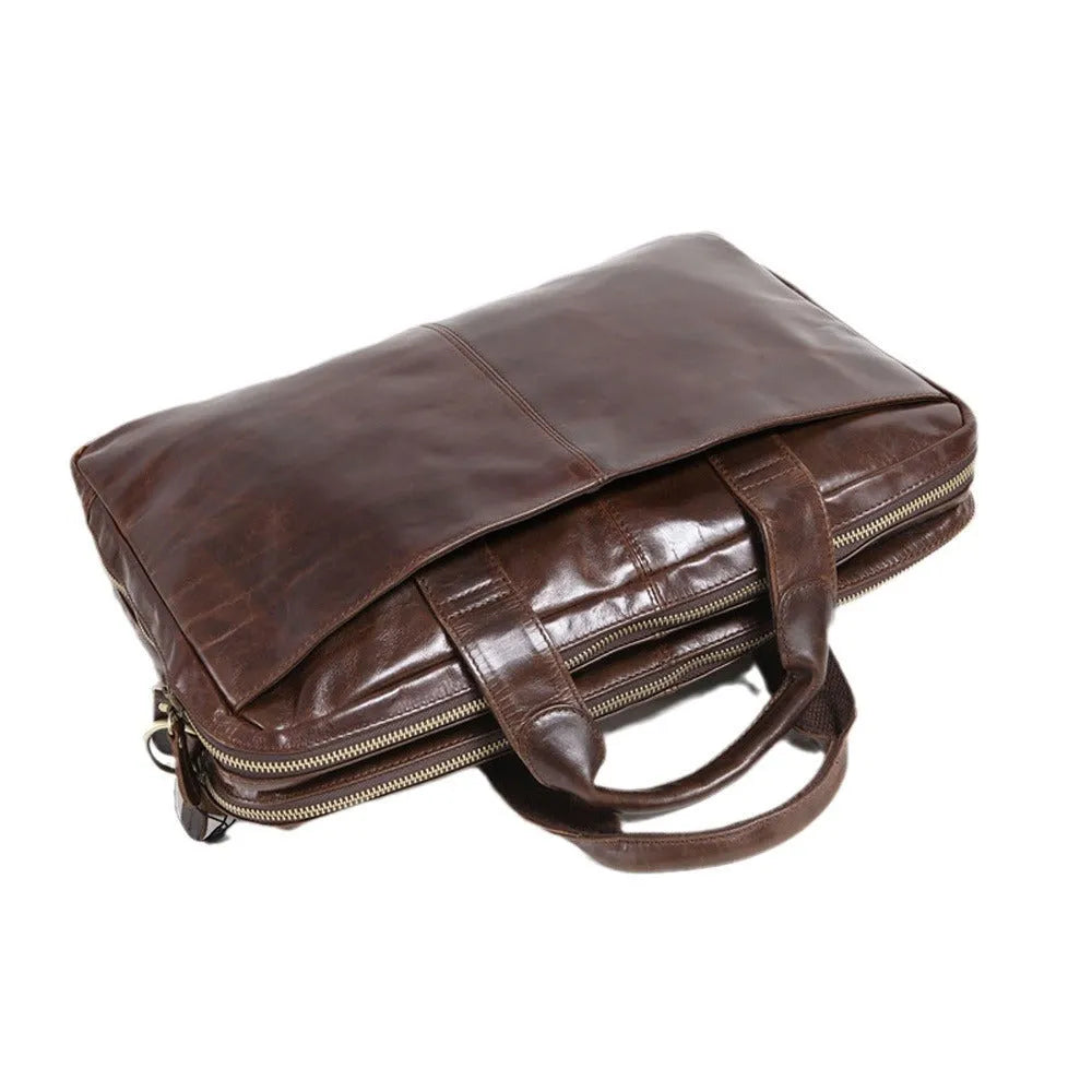 Brown men's business briefcase in first-layer cowhide leather with 18-inch size