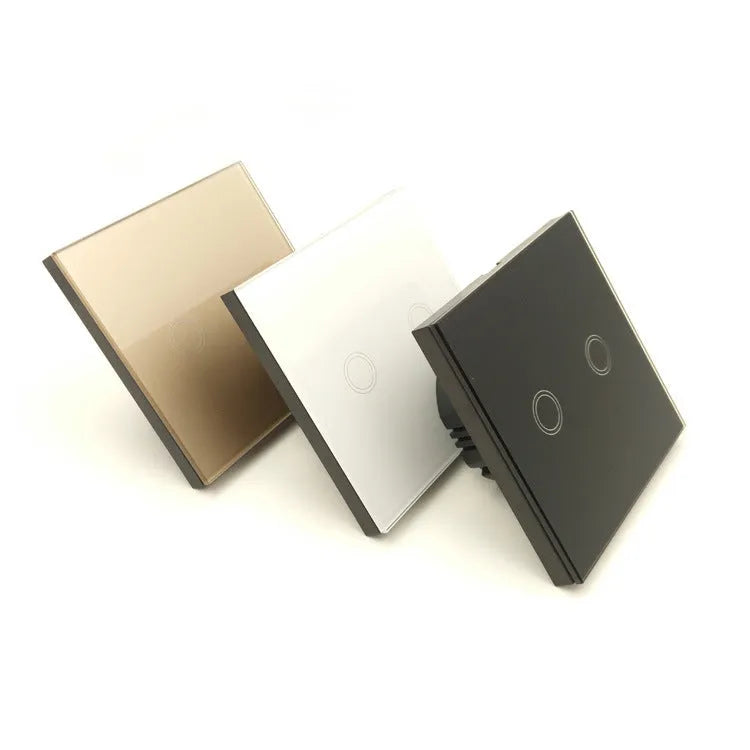 Tempered glass touch light switch panel in black, golden, or white, showing type 86 format for wall mounting.