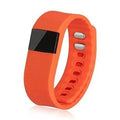 Colour options for a plastic and ABS bracelet pedometer showing black, blue, green, orange, yellow.