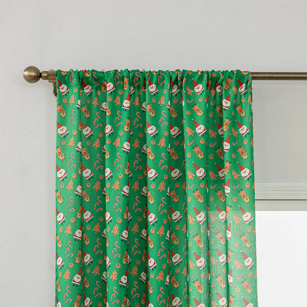 Green Christmas curtain with printed cartoon snowman and angel pattern, American style design